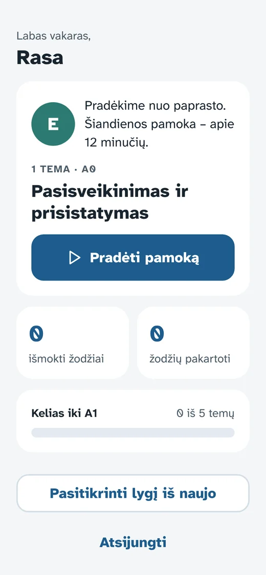 Programos pradžios ekranas: šiandienos pamoka ir pažanga